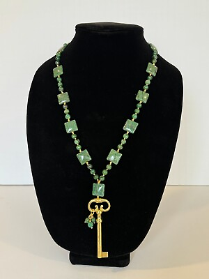 #ad VTG Green Jade and Verdite Square Beaded Necklace with Key Pendant Charity DS12 $79.99