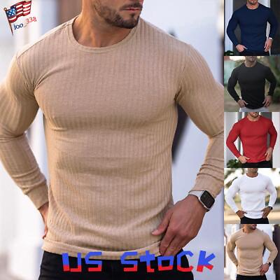 #ad Mens Ribbed Long Sleeve Muscle Tops Plain Casual Work Slim Fit Pullover Shirts $15.48