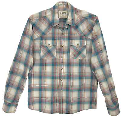 #ad Ariat Shirt Mens Small Red White Blue Plaid Retro Fit Cowboy Western Pearl Snap $24.99