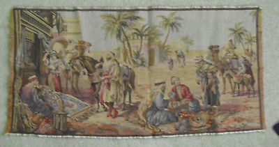 #ad Antique Belgium Victorian Era Tapestry Desert Oasis with People Camels 19.75x39quot; $175.00