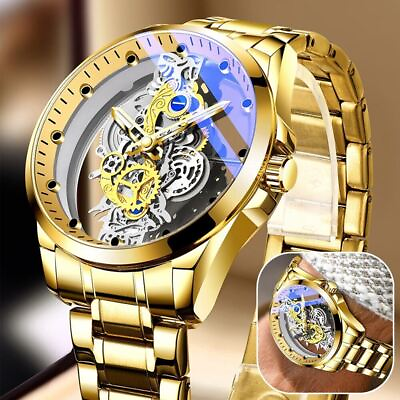 Hollow Skeleton Luxury Men#x27;s Automatic Quartz Stainless Steel Watch Business USA $13.82