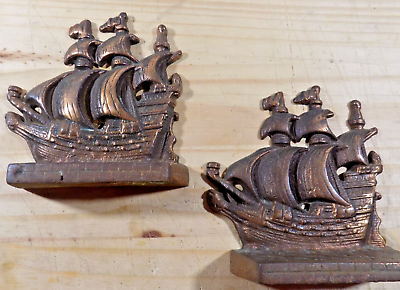 #ad THREE MASTED SAILING SHIP Pair of Plated Steel BOOKENDS $14.00