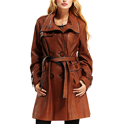 #ad Womens Leather Belted Coat Beautiful Waxing Brown Coat Real Lambskin Leather $330.00