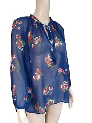 #ad Lucky Brand Womens Boho Tunic Top Blue Floral Blouse Tassled V Neck Size Small $14.99