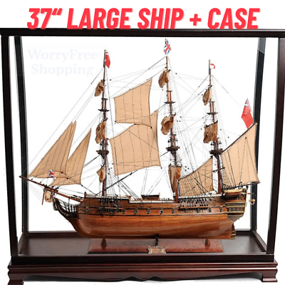 #ad Large SHIP MODEL with TABLETOP CASE HMS Surprise Navy Warship Nautical Decor $1750.00
