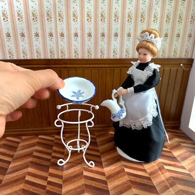 #ad Dollhouse Miniatures White Ceramics Basin Metal Stand 1:12 Scale Bathroom Kit $11.49