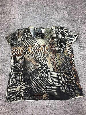 #ad Chicos Shirt Size 3 Womens 16 Brown Design Tee Stretch Round Neck All Over $14.55