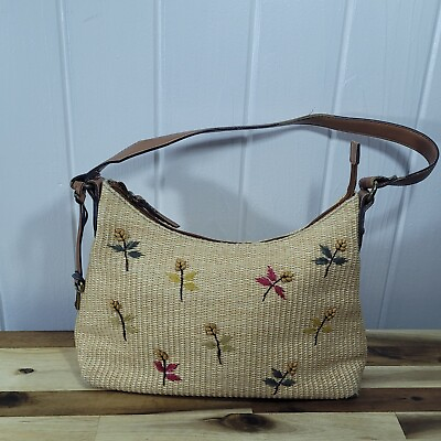 #ad Fossil Vintage Bag Woven Straw amp; Leather Embroidered Beaded Floral Shoulder Bag $18.69