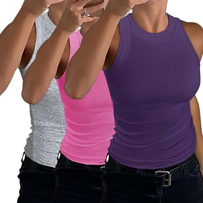 #ad Womens Sleeveless Racerback High Neck Casual Basic Cotton Ribbed Fitted Tank Top $34.99