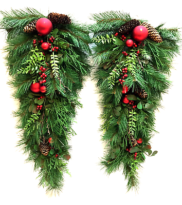 #ad 29quot; Swags Winter Artificial Greenery Pinecones Vines Berries Red Ornaments Pair $59.95