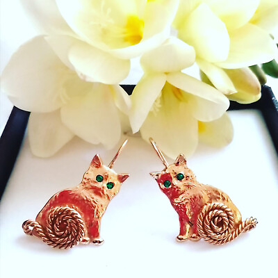 #ad Earrings Cat Hanging Woman Gold Vintage Style Antique $67.33