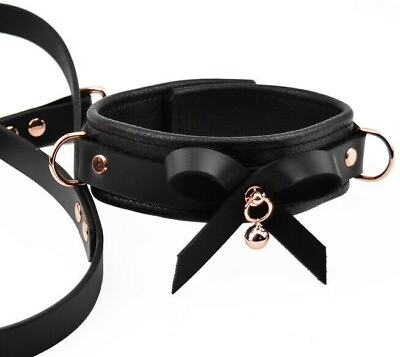 #ad Premium Black Leather Bow Collar with Rose Gold Kitten Bell and Leash Col49Blk AU $179.95