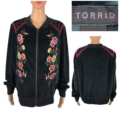 #ad Torrid Womens 1 Bomber Jacket Embroidered Boho Black Full Zip Velour Sporty EUC $55.54
