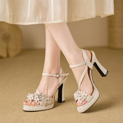 #ad Women#x27;s Fashion Leather 3D Flower Platform Block Heel Z Strap Sandal Shoes NWON $76.94