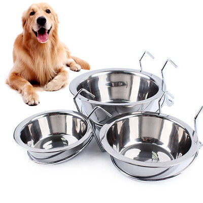 #ad Metal Dog Pet Bowl Cage Crate Non Slip Hanging Food Dish Water Feeder w Hook $13.66