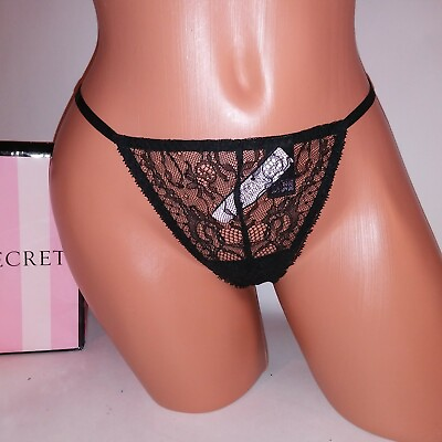 #ad Victoria Secret Panty One Size Sexy V String Thong Black Lace Sheer New $16.81