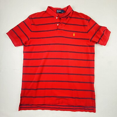 #ad Ralph Lauren Polo Shirt Mens Large Red Yellow Pony Striped Custom Fit Vintage $15.00