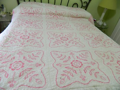 #ad L 24 MACHINE PIECED HAND QUILTED amp; EMBROIDERED PINK FLORAL QUILT RUFFLE $49.99