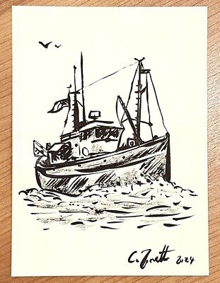 #ad CHRIS ZANETTI Original Ink Sketch Drawing SHIP Boat Seascape Art 8quot;x6quot; Signed $19.99