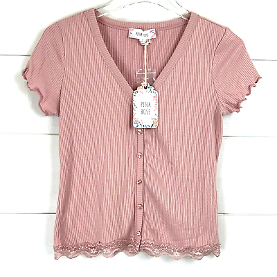 #ad NEW PINK ROSE Small Ribbed Lace Top Sweet Rose $6.05