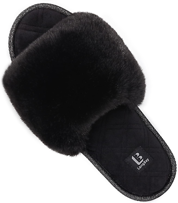 #ad Women#x27;S Fuzzy Faux Fur Memory Foam Cozy Flat Spa Slide Slippers Comfy Open Toe S $24.99