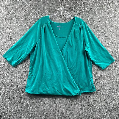 #ad Woman Within Womens Top 1X 22 24 Green 100% Cotton Faux Wrap 3 4 Sleeve Shirt $14.99