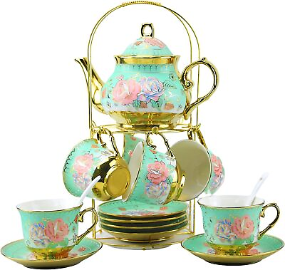 #ad 20 Pieces Porcelain Tea Set With Metal Holder European Ceramic tea set $37.99