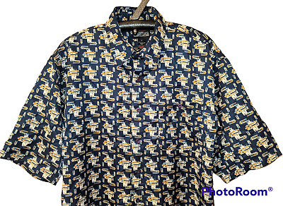 #ad Vintage 90#x27;s FUBU Button Up Shirt All Over Print Logo Men Size LARGE Blue Great $25.00