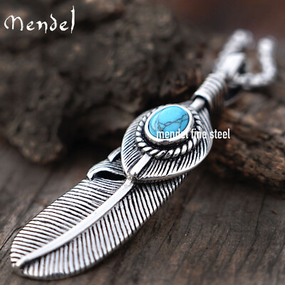 #ad MENDEL Mens Native American Feather Turquoise Pendant Necklace Men Women Silver $12.99