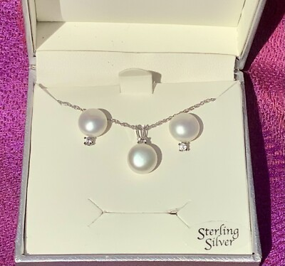 #ad FRESHWATER PEARL 8MM amp; WHITE TOPAZ 1 4 ct. t.w. STERLING SILVER SET NEW W TAGS $79.00