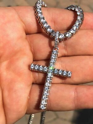 #ad Real Solid 925 Silver Tennis Cross SUPER ICED CZ W. Chain Men#x27;s 2quot; $190.78