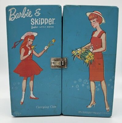 #ad Barbie amp; Skipper Little Sister 1964 Double Doll Carrying Case Blue Trunk Sheath $18.95