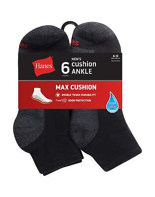 #ad Hanes Ankle Socks 6 Pack Mens Max Cushion Cool ComfortBlend FreshIQ Max Cushion $15.00