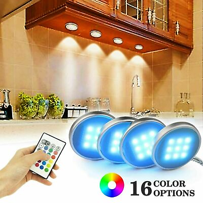 #ad 4PCS RGB LED Under Cabinet Lights Closet Puck Color Changing Counter Lighting $22.99