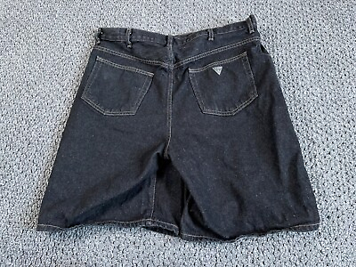 #ad VTG 90s Guess Jean Shorts Men#x27;s 40 Black Denim Baggy USA Made 2 Button Triangle $40.00