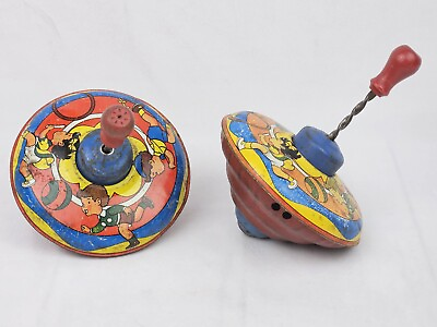 #ad Vintage Tin Litho Spinning Top Set Kids Playing with Ball 50s 60s Made USA Works $28.00