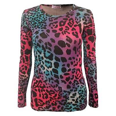 #ad LADIES WOMENS ANIMAL MULTI LEOPARD PRINTED STRETCHY LONG SLEEVE TOP SIZES 8 18 GBP 7.49