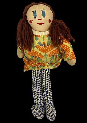 #ad Vintage Handmade Primitive Cloth Rag Doll 17quot; Mod 1960s Clothes Embroidered Face $24.29