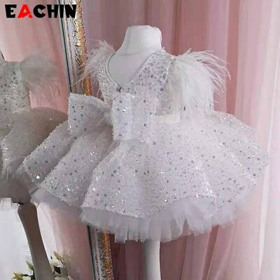#ad Girls White Princess Dress Baby Kids Sweet Shiny Sequin Birthday Party Dresses $99.03