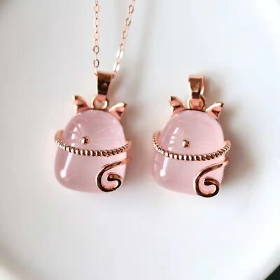 #ad Natural Rose Quartz Pink Crystal Shape One Pendant Woman Necklace fortune cat $26.00