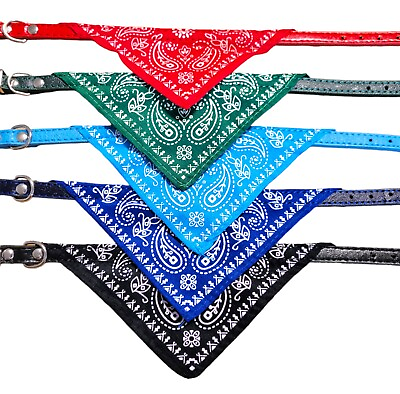 #ad 5 Leather Dog Collars 9quot; to 11quot; With Bandanna Black Blue Lt Blue Red Green $14.99