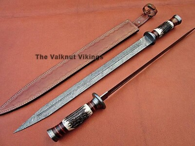 #ad 30quot; Hand Forged Damascus Steel Viking Sword with Stag Handle and Leather Sheath $170.00