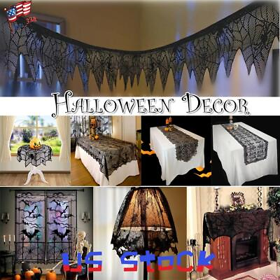 #ad Halloween Black Lace Spider Cobweb Curtain Banner Tablecloth Home Table Decor $9.49