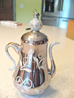 #ad Vintage Silver Tea Coffee Pot with Silver Glitter Glass Christmas Ornament 5.5quot;T $20.00