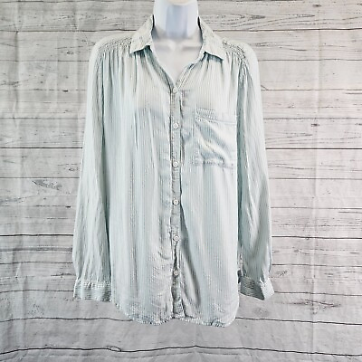 #ad Beach Lunch Lounge Womens Button Front Shirt Sz Small Green White Stripe $16.99