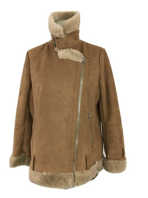 #ad TOPSHOP COAT JACKET 6 BROWN FAUX Suede Fur Lined Tied High Collar Zipped Midi GBP 19.97