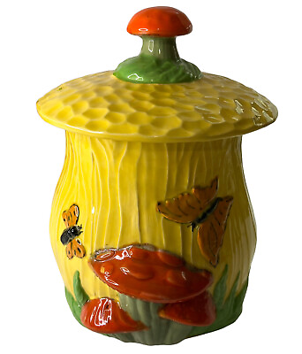 #ad Heirloom Pottery Mold 1009 Yellow Orange Green Mushroom Butterflies Canister GUC $38.99