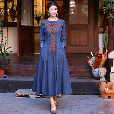 #ad New Women#x27;s Denim Dress Vintage Embroidered Maxi Long Shirt Dresses A2657 $69.00