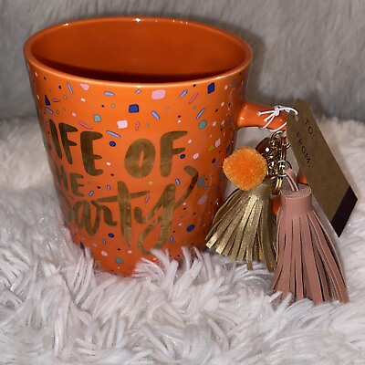 #ad Confetti quot;Life of The Partyquot; Key Chain Orange Gold Lettering Coffee Mug Cup $26.00