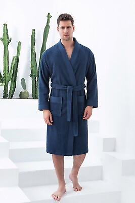 #ad SEYANTE Men#x27;s 100% Turkish Cotton Luxury Terry Kimono Bathrobe Rice Weave Trim $99.99